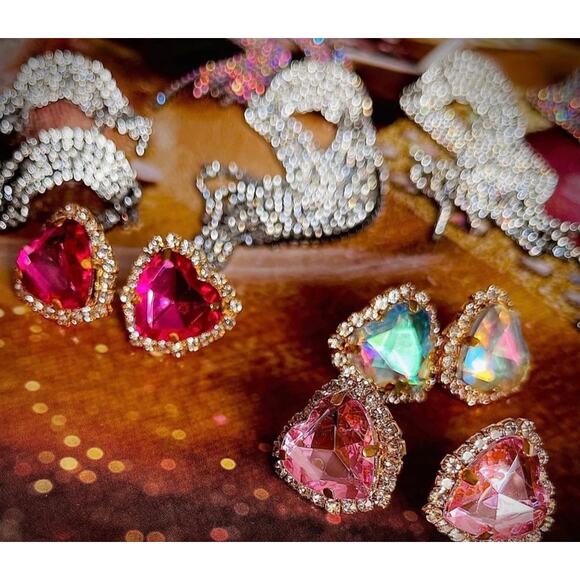 Feed Me Gems Signature Heart Stud Earrings Clear AB, Pink, OR Volcano NWT - Picture 6 of 13